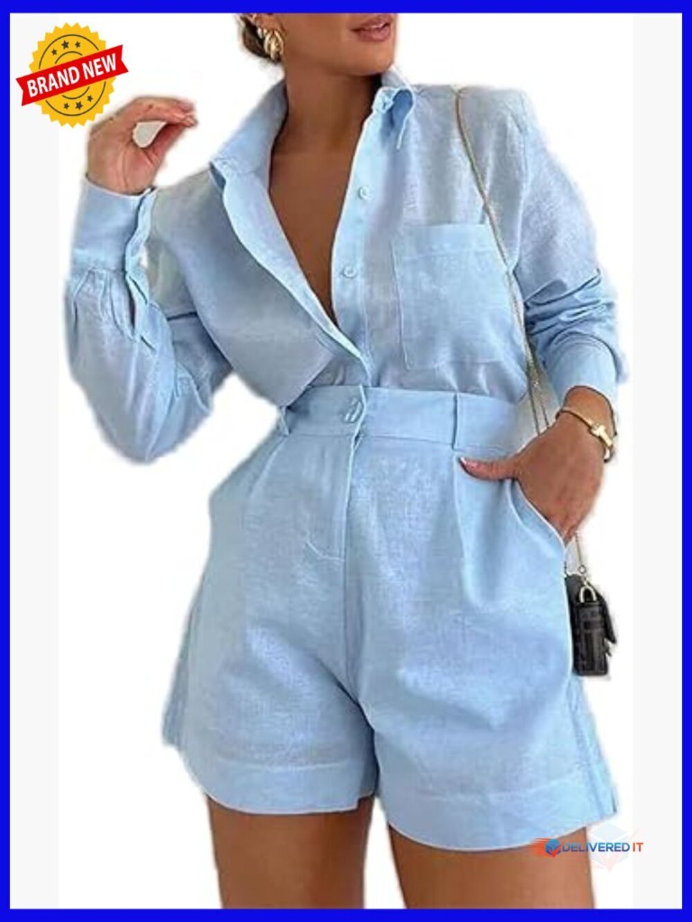Casual Button Down Shirt & High Waisted Shorts Set with Pockets
